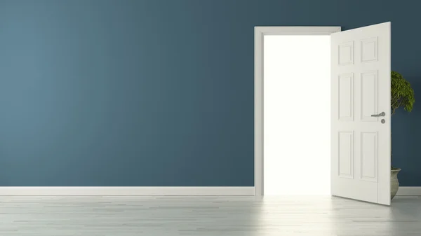 Opened american door with blue wall and reflective floor — Stock Photo, Image