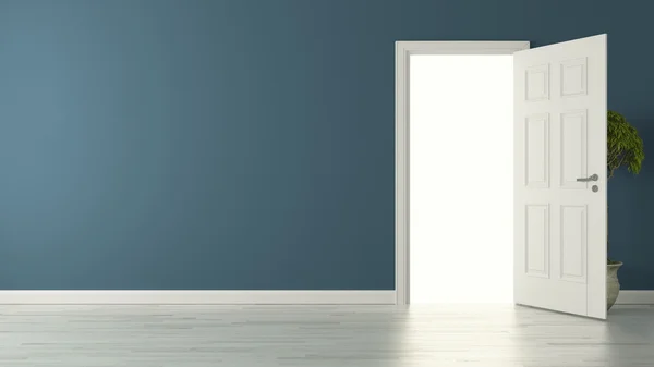 Puerta americana abierta con pared azul y suelo reflectante — Foto de Stock