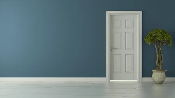 Closed american door with blue wall and reflective floor — Stock Photo, Image