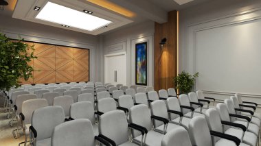 Beyaz sandalyeli ve ahşap duvarlı modern okul konferans salonu tasarımı