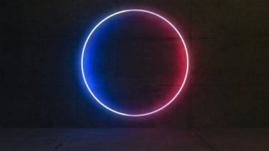 Beton duvardaki neon dairesel halkalarla oluşturulan ürün ekran alanı konsepti 3D