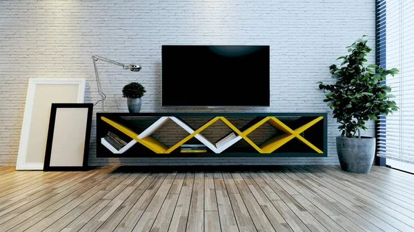 現代的なオフィスや家庭用の近代的なテレビユニットスペース 白いレンガの壁 写真フレーム テーブルランプと植物の3Dレンダリングと思考のデザインのアイデア — ストック写真