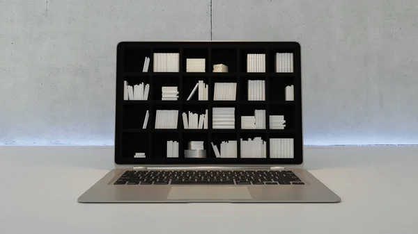 Schwarzes Bücherregal Laptop Bildschirm Online Bildung Und Suche Realistisches Rendering — Stockfoto