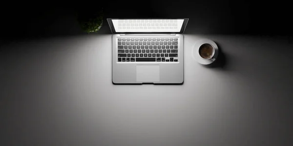 Κάτοψη Της Έννοιας Laptop Λευκό Γραφείο Κάτω Από Φως Spot — Φωτογραφία Αρχείου