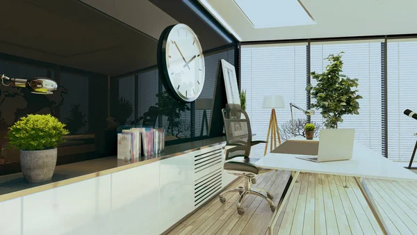 テーブル 床とテーブルランプ 木製の寄木細工の床と黒の反射背景デザインのアイデアと現代的なオフィスのコンセプト3Dレンダリング — ストック写真