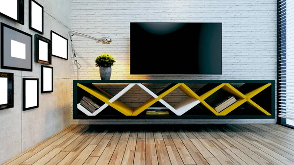 現代的なオフィスや家庭用の近代的なテレビユニットスペース 白いレンガの壁 写真フレーム テーブルランプと植物やコンクリートの壁 木製の寄木細工3Dレンダリングと思考のデザインのアイデア — ストック写真