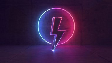 Daire ve şimşek figürleri kavramı, koyu beton arka plan 3D rengarenk neon ışıklandırmayla yaratıldı.