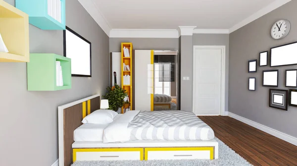 青少年卧室概念室内设计理念3D渲染 — 图库照片
