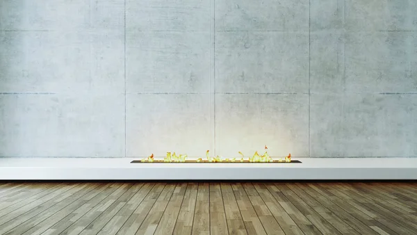 Modern Fireplace Design Idea Concrete Wall Wood Parquet Veneer Flooring — Stock Photo, Image
