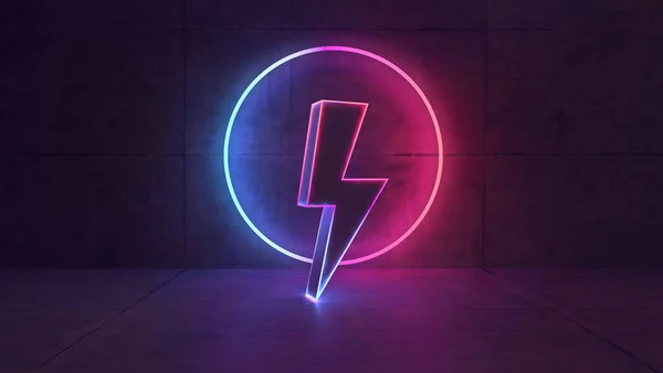The concept of circle and thunderbolt figures created with colorful neon lighting with dark concrete wall background 3D rendering