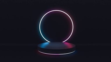 Beton silindir ürün platformu ve siyah zemin ve duvar 3D üzerinde kırmızı, mavi, mor neon dairesel halkalar ile oluşturulan ürün ekran alanı kavramı