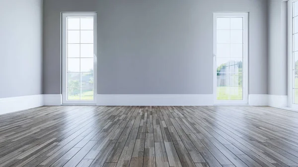 Empty Living Room Wooden Floor Windows Painted Wall Concept Rendering — Stock Photo, Image