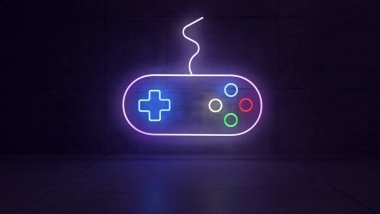 Koyu beton oda konseptinde renkli ışık efektli oyun joystick neon ışığı 3D görüntüleme