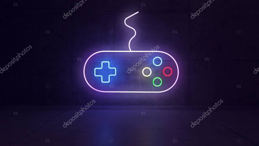 Game joystick neon light with colorful light effect in dark concrete room concept 3d rendering