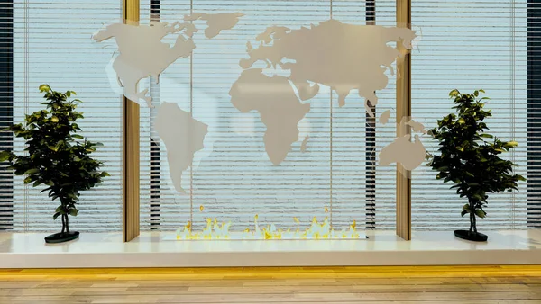 近代的な家具暖炉エリアとオフィスデザイン 世界地図家具の装飾 照明効果 植物の3Dレンダリング — ストック写真