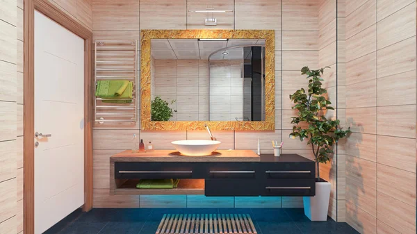 Moderne Badeværelse Design Med Træ Effekt Keramik Lyseffekt Koncept Rendering - Stock-foto