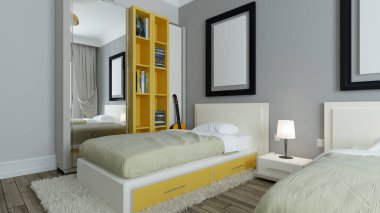 Modern yurt odası, gri duvarlar, sarı kitaplık, fotoğraf çerçevesi iç tasarım konsepti 3D görüntüleme