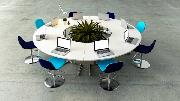 Sala Reuniões Moderna Com Mesa Branca Redonda Mesa Cadeiras Azuis — Fotografia de Stock