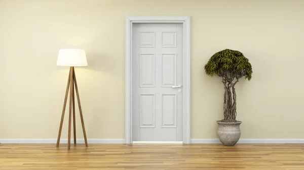 Parede amarela com porta branca e planta — Fotografia de Stock