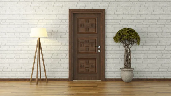 Weiße Ziegelwand mit Tür und Licht — Stockfoto