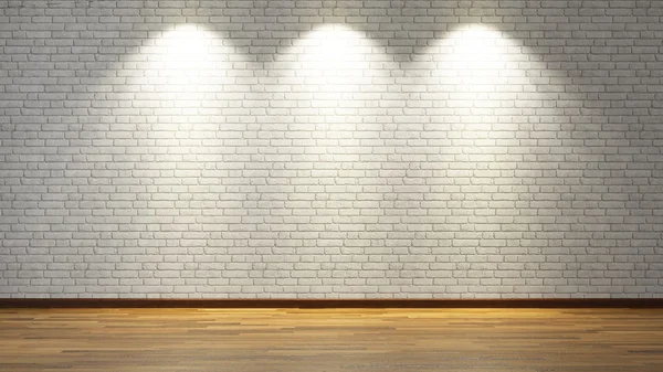 Parede de tijolo branco com três luzes spot — Fotografia de Stock