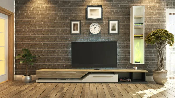 Tv quarto design de interiores 3d renderização — Fotografia de Stock