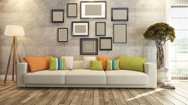 Beton duvar 3d render çerçevelerle iç tasarım
