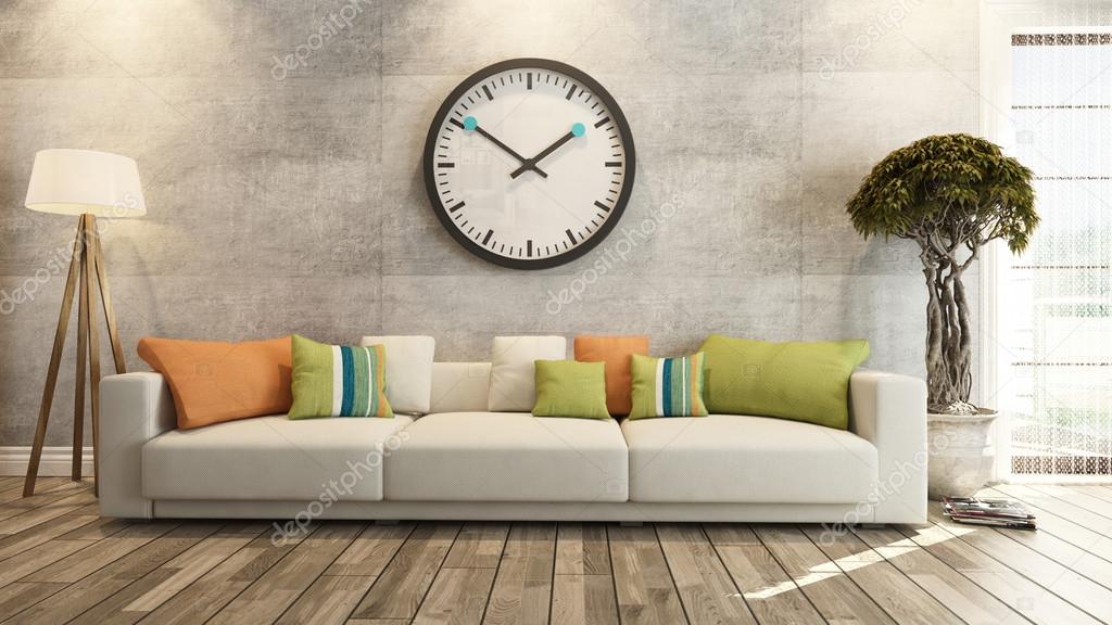 Living room with big watch on concrete wall 3d rendering