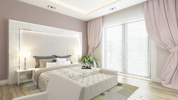 Pembe duvar ile modern yatak odası bir 3d render — Stok fotoğraf