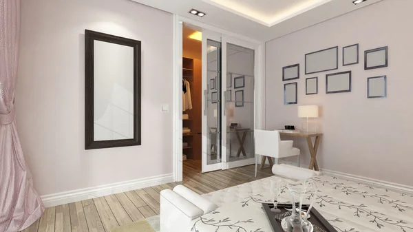 Pembe duvar ile modern yatak odası bir 3d render