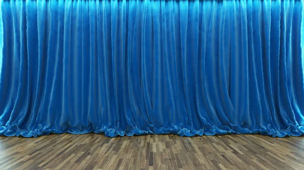 mavi perde ve ahşap zemin ile 3D render Tiyatro sahne
