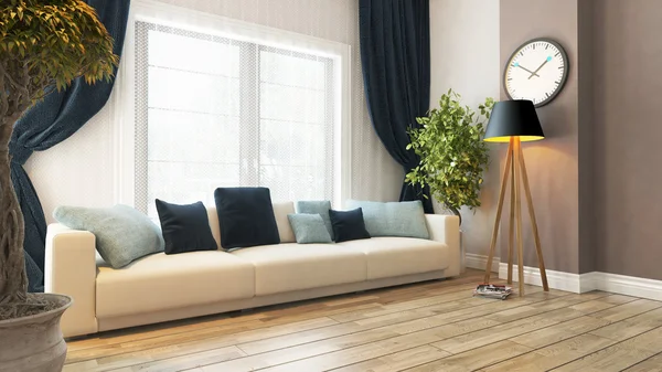 Oturma odası koltuk ve perde 3d render ile