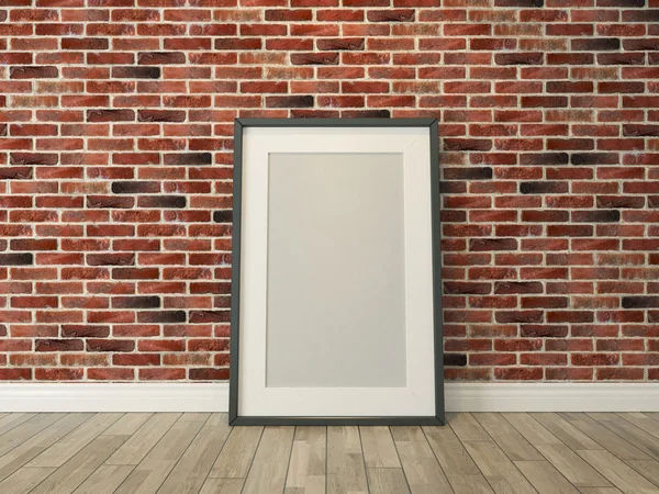 Picture frame on the brick wall and wood floor — Stock Photo, Image