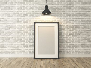 resim çerçevesi üzerinde beyaz tuğla duvar ve ahşap