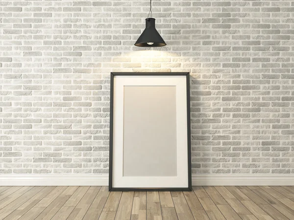 Picture frame on the white brick wall and wood — Stock Photo, Image