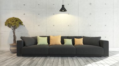Siyah kumaş koltuk beton duvar, arka plan, tasarım şablonu ile