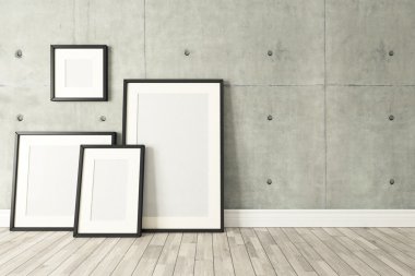 Siyah resim çerçeveleri dekora beton duvar, arka plan, depo