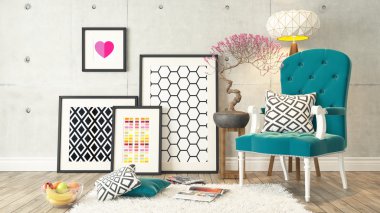 Black picture frames with blue bergere and concrete wall, backgr clipart