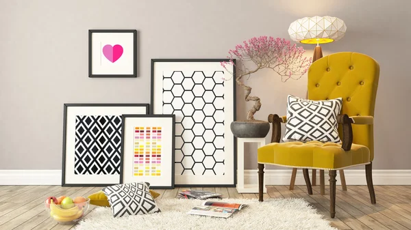 Black picture frames decor with yellow bergere, background, temp — Stock Photo, Image