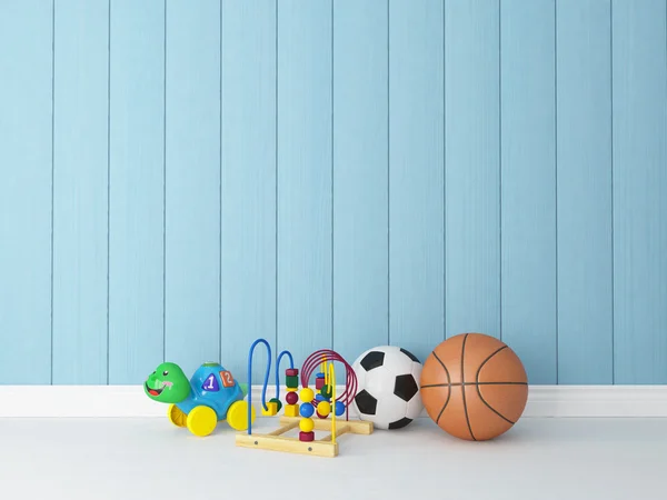 Juguetes con fondo de madera azul — Foto de Stock