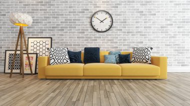 büyük beyaz tuğla duvar 3d render nöbette ile oturma odası
