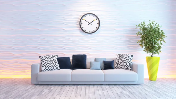 Wohnzimmer mit großer Uhr an weißer Wellenwand — Stockfoto