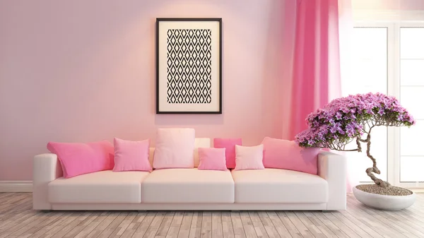 Sala de estar rosa ou salão de design de interiores renderização — Fotografia de Stock