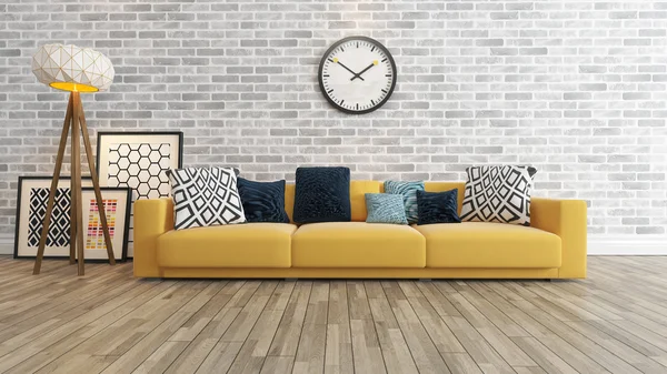 Wohnzimmer mit großer Uhr an weißer Ziegelwand 3d-Rendering — Stockfoto