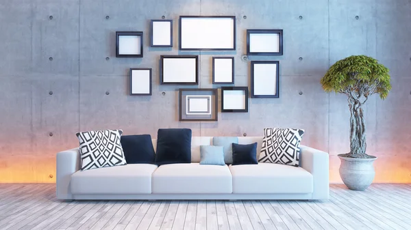 Woonkamer interieur met concrete muur en foto frame — Stockfoto