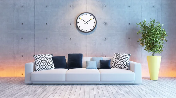 Sala de estar diseño interior con pared de hormigón bajo la luz —  Fotos de Stock