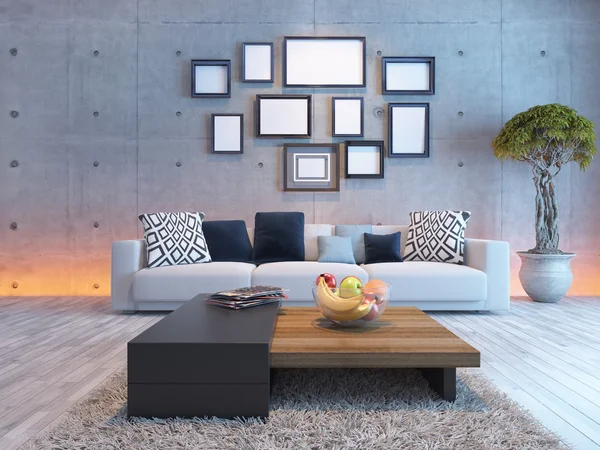 Sala de estar diseño interior con pared de hormigón y marco de imagen — Foto de Stock