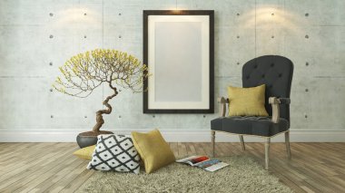 Siyah resim çerçeveleri ile gri bergere ve sarı yastık backgro