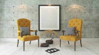 Siyah resim çerçeveleri ile çift sarı bergere ve beton wal