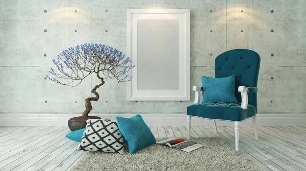 White picture frames with blue bergere and concrete wall, backgr — Stock Photo, Image